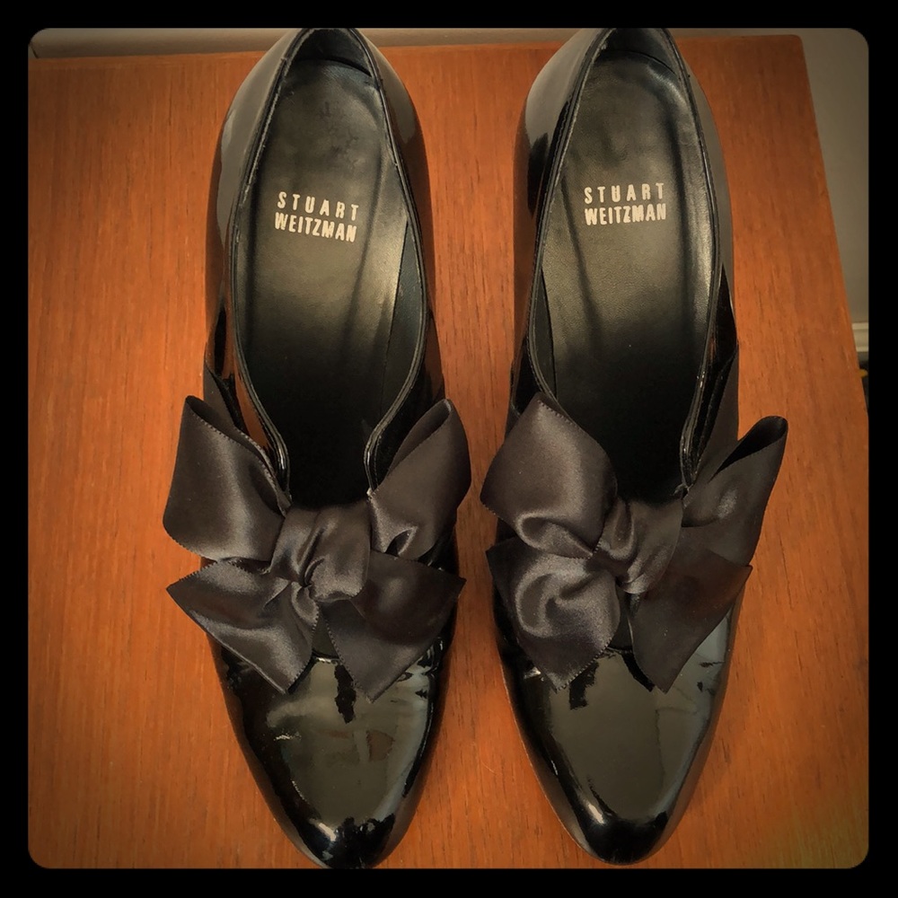 🖤STUART WEITZMAN ‘Bouffant’ black patent leather bow satin heels booties